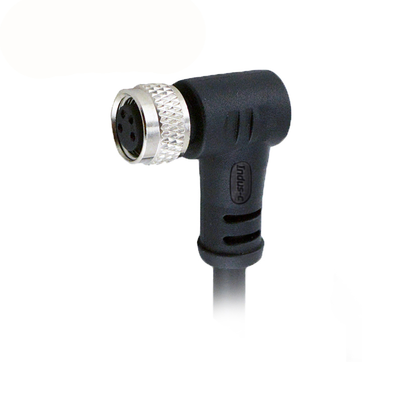 M8 4pins A code female right angle molded cable,shielded,PVC,-40°C~+105°C,24AWG 0.25mm²,brass with nickel plated screw